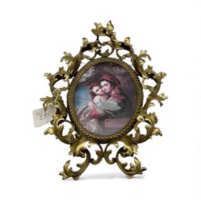 Antique French Brass Picture Frame with Madonna and Child Print