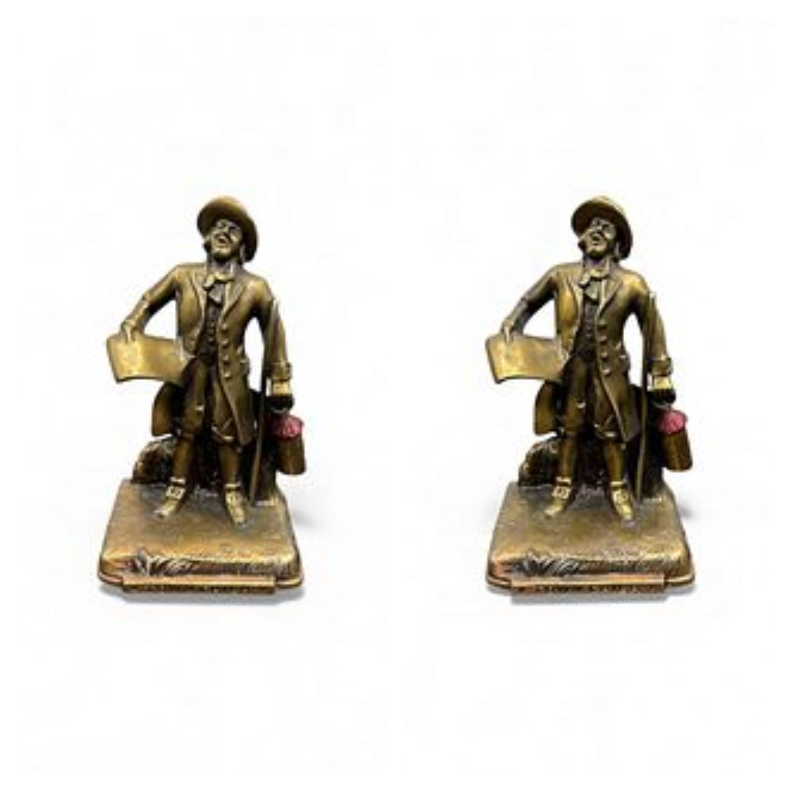 Pair of Antique bronze figurines bookends: Description: Antique bronze figures depicting a man holding a scroll and bucket. Dimensions: H: 7 in, L: 4 in, W: 3 in. EACH