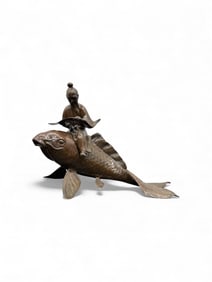 Japanese Bronze Sculpture of Figure Riding Koi Fish