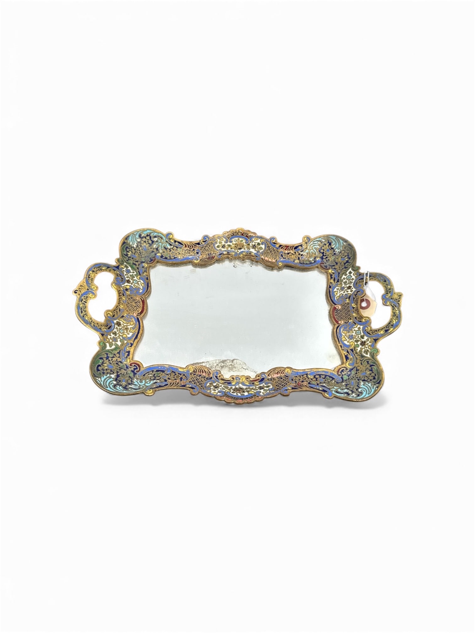Antique French Champlevé Cloisonne Mirrored Tray: Vintage cloisonne tray featuring intricate floral designs and ornate handles. Dimensions: 14 x 9 x 2.5 inches.