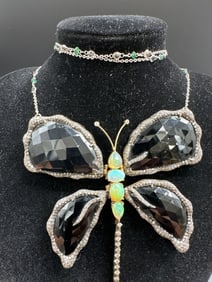 White Gold Diamond/Emerald Chain Butterfly Pendant with Black Diamonds, Natural and black Opal.