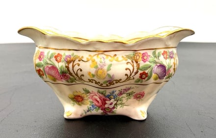 Antique Floral Porcelain Footed Bowl with Gilded Rim