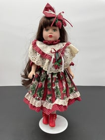 Porcelain Doll in Strawberry Print Dress with Red Boots