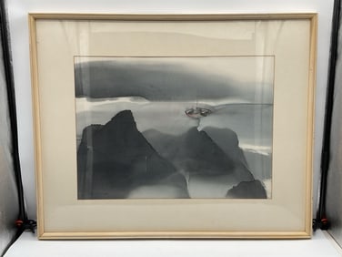 Monochrome Painting of Boats at Sea, Signed