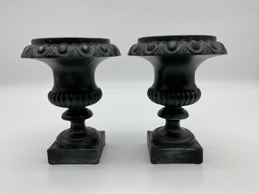 Pair of Decorative Cast Iron Urns with Acanthus Detail