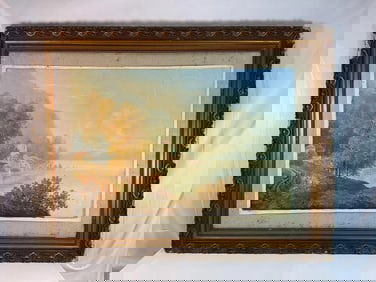 Antique Landscape Oil Painting – Lakeside Village Scene