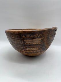 Carved Wooden Bowl with Geometric Designs