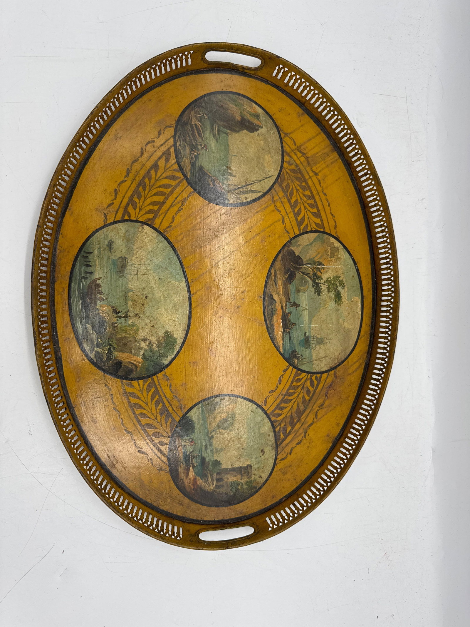 19th Century Antique Hand-Painted Tole Tray with Scenic Medallions (1 of 4)