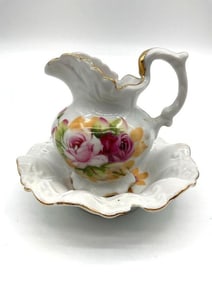 Miniature Porcelain Pitcher and Bowl Set with Roses - Lefton China