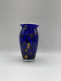 Cobalt Blue Art Glass Vase with Abstract Multicolor Inclusions