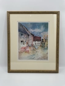 Village Street Scene Watercolor by By Unknown French Painter