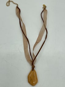 Large Amber Pendant on Brown Ribbon Necklace