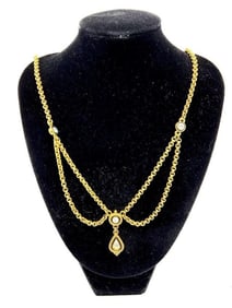 Gold Tone Chain Necklace with Teardrop and Round Crystal Accents