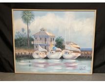 Tropical Waterfront Painting by Lee Reynolds (American, 1936-2017) Oil on canvas