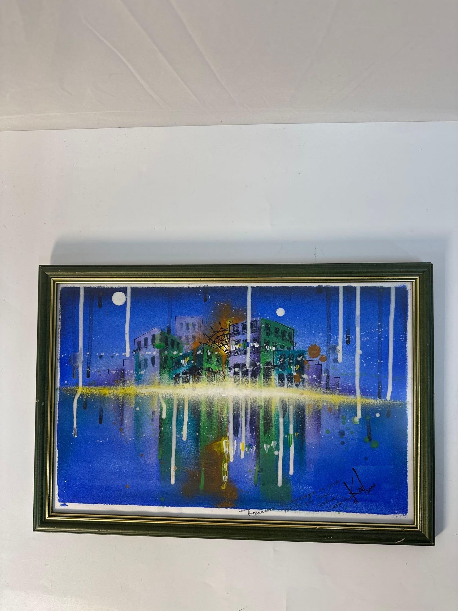 "Reflections of Havana" by Carlos Reyes (Cuban): This vibrant and modern painting by Cuban artist Carlos Reyes features a dreamlike cityscape with a focus on light, reflection, and color. The artwork uses a blend of blues, greens, and yellows to cre