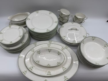 Vintage Porcelain China Dinnerware Set with Green Floral Motif