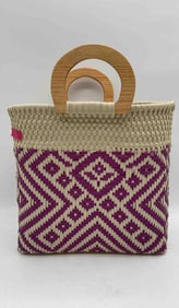 Woven tote basket with purple geometric pattern