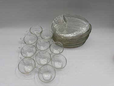 Set of 10 Clear Glass Cups with 11 Matching Plates