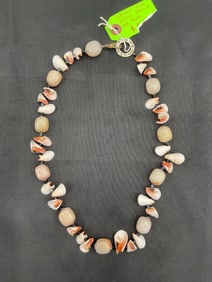 Shell and Black Agate Beaded Necklace with Silver Tone Accents