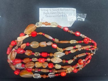 Vintage 4-Strand Red Coral Agate and Glass Statement Necklace