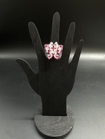 18kt White Gold Butterfly Ring with Diamonds, Rubys, and Pink Sapphires.