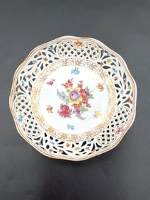 Reticulated Porcelain Bowl with Floral Center and Gilt Trim