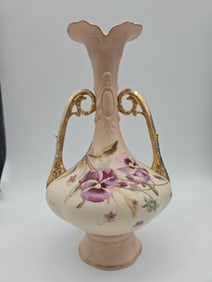 Hand-Painted Floral Vase with Gilt Handles
