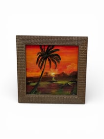 Framed Tropical Sunset Painting with Palm Tree – Coastal Island Landscape Art