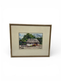 Framed Original Watercolor Landscape by H. Ochoa S. – Thatched Cottage Scene