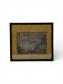 Framed Asian Landscape Artwork – Ink on Paper (Temple & Mountain Scene)