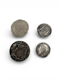 Group of Four (4) Authentic El Cazador Shipwreck Silver Coins – 18th Century Spanish Colonial