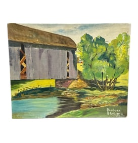 Vintage Mid-Century Landscape Painting, Signed "Barbara Blaesing '57"