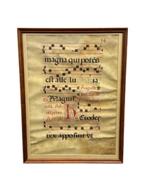 17th Century Antique Large Framed Antiphonary Leaf on Vellum Manuscript