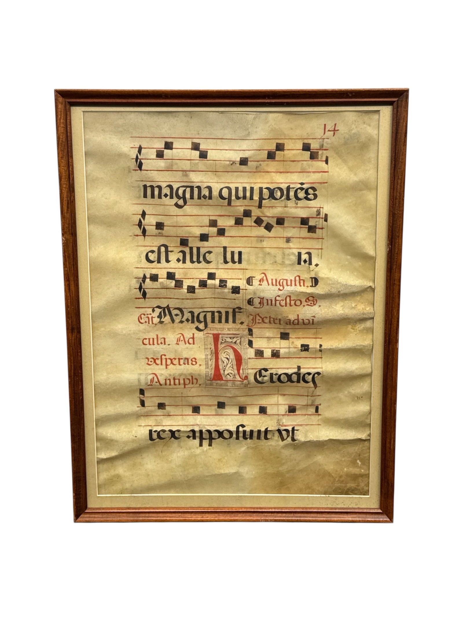 17th Century Antique Large Framed Antiphonary Leaf on Vellum Manuscript (1 of 2)
