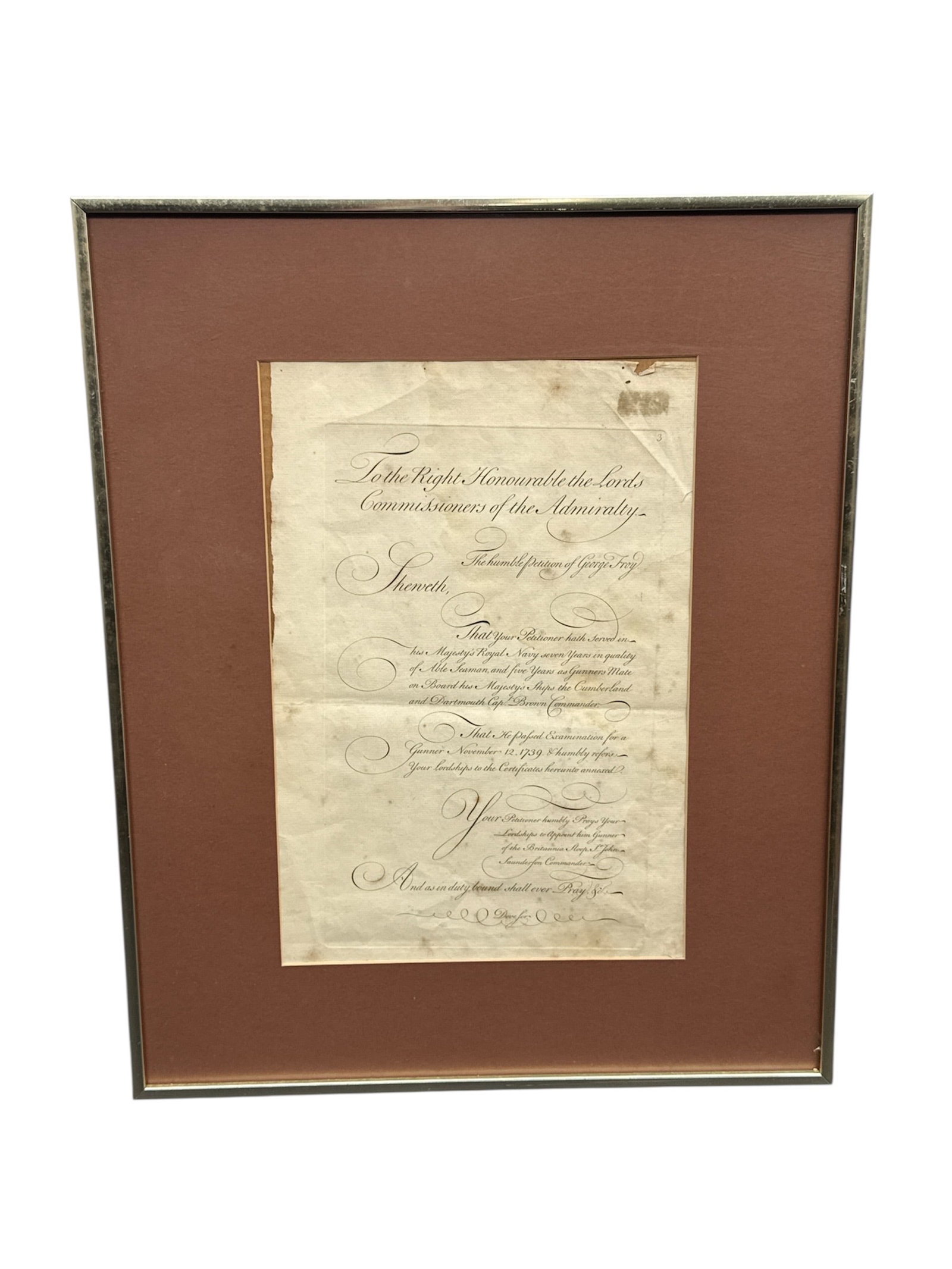Framed 1759 Ship Document (1 of 3)
