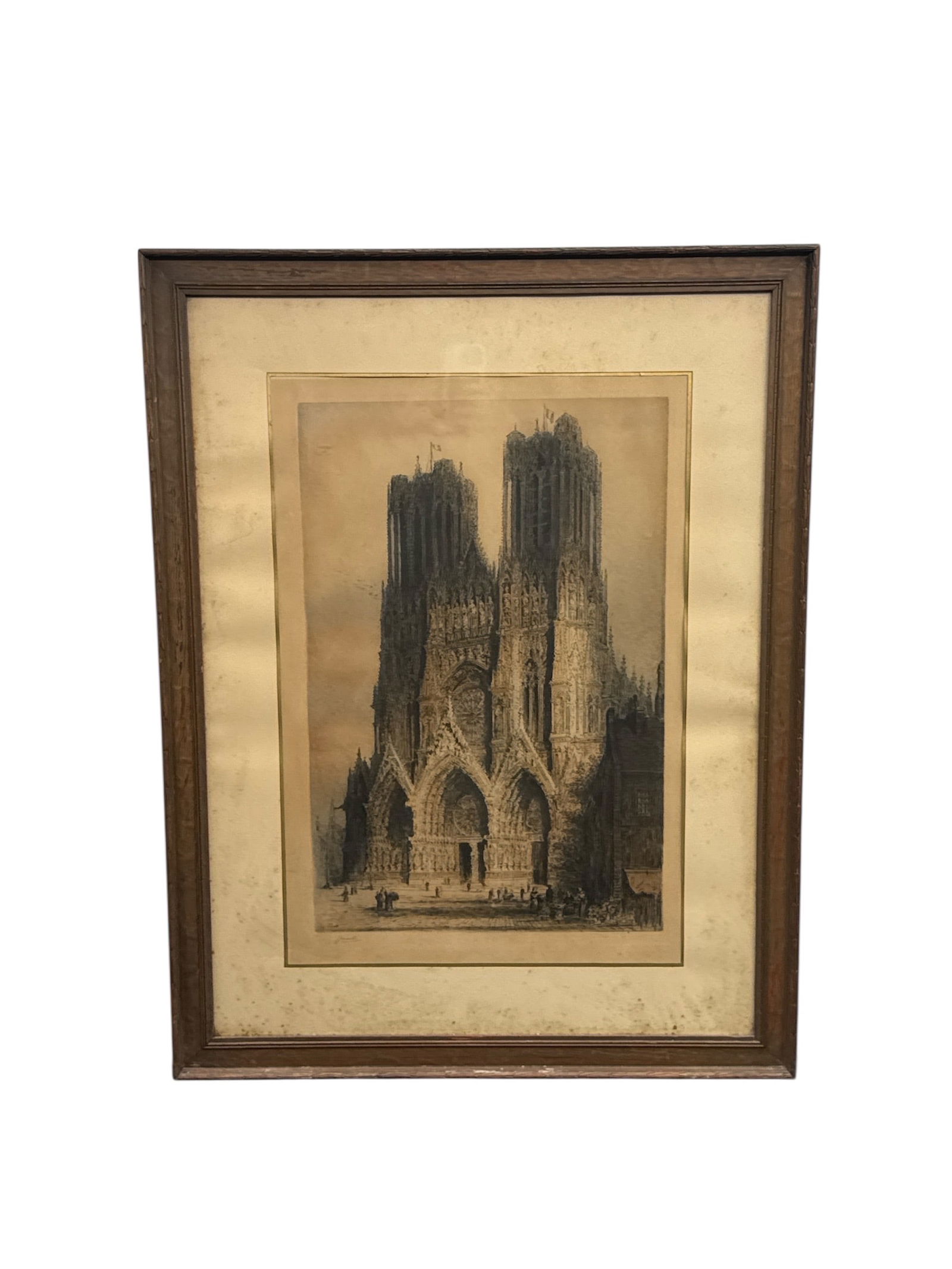 Rheims Cathedral (Notre-Dame de Reims) by James Alphege Brewer (English, 1881-1946) Etching: Description: Rheims Cathedral (Notre-Dame de Reims) by the British artist 