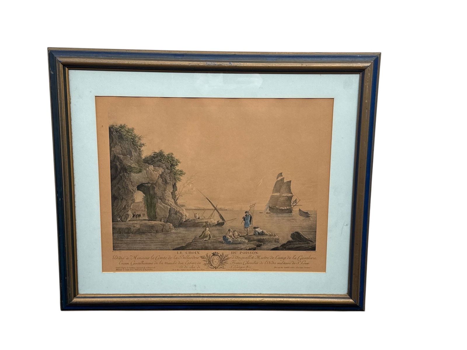 FRENCH ANTIQUE PRINT "LE CHOIX DU POISSON" AFTER CLAUDE-JOSEPH VERNET, ENGRAVED BY YVES LE GOUAZ,: An antique French colored etching/engraving titled "Le Choix Du Poisson" (The Choice of Fish). This work is after an original painting by the celebrated 18th-century French marine painter&nb