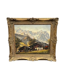 Vintage Signed "Schmid Garmisch" Bavarian Alps Cottage Oil Painting in Ornate Frame