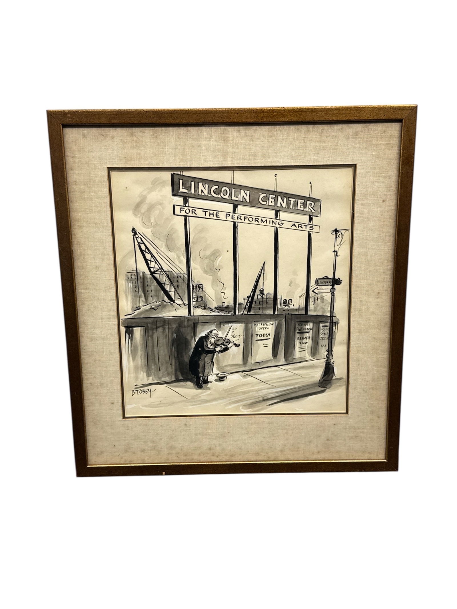 "Lincoln Center Construction" by Barney Tobey (American, 1906–1989) Original Pen & Ink Drawing: A charming and historically relevant original pen-and-ink drawing with wash by the celebrated American artist and long-time New Yorker cartoonist&n