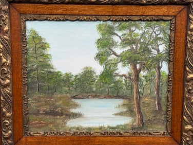Tranquil Pond Oil Painting, Vintage Framed Landscape Art, Signed, Impasto Texture