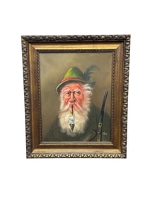 Vintage Signed Oil Painting: "Tiroler Bauer" (Bavarian Farmer/Hunter) with Pipe & Rifle