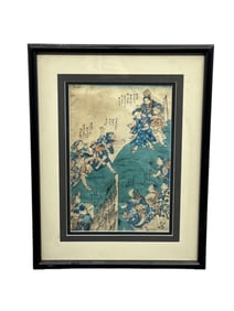 Antique Japanese Ukiyo-e Woodblock Print, Edo Period Musha-e (Warrior Print), Framed