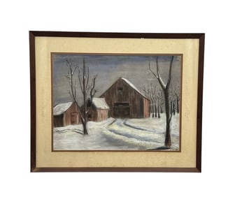 "Winter Silence": Vintage Framed Oil Painting, Rustic Snowy Barn Landscape Art