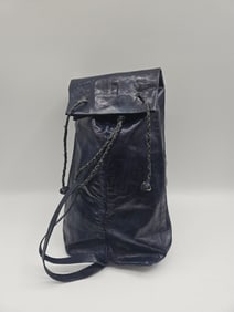 Navy Leather Tote Bag with Braided Drawstring
