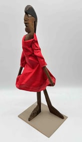 Folk Art Hand-Carved Wooden Figure with Red Cloth Robe By Bill King