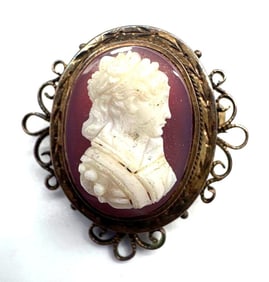 Vintage Cameo Brooch with Ornate Brass Filigree Frame