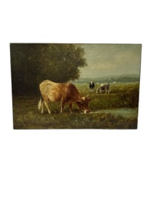 Antique Oil Painting “In the Pasture?? by H.F. Browning, Pastoral Landscape with Cows, Framed