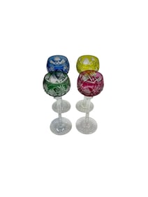 RARE Val Saint Lambert "Berncastel"  -Set of Four Cut Glass Cordial Goblets, Colored Crystal Mini