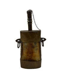Antique Hand-Carved Wooden & Metal Flask or Powder Container with Chain – Decorative Folk Artifact
