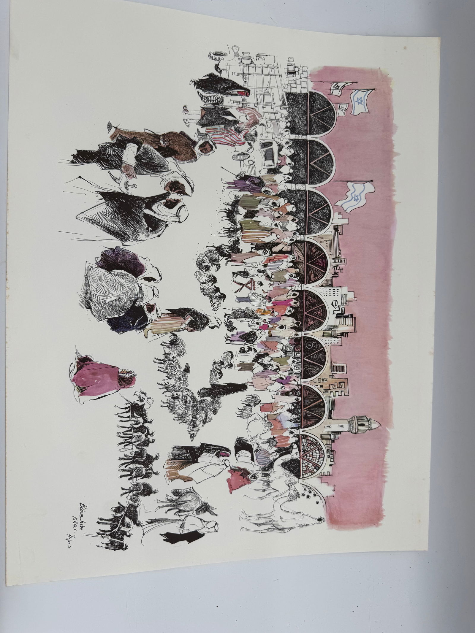 Beersheba Israel by Papas: A detailed and dynamic illustration of Beersheba by Papas, depicting a bustling market scene with merchants, wagons, camels, and townspeople. The artist’s expressive ink and watercolor technique